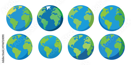 Eight oval shaped earth planet globes showing continents and oceans in a row