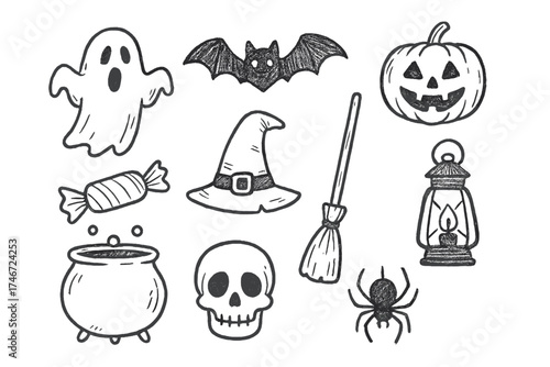 Halloween Doodle Icons. Halloween doodle icon set: hand drawn icons of ghost, bat, pumpkin, candy, witch hat, broom, cauldron,