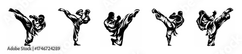 Dynamic karate kicks motion study five figures martial arts action silhouette