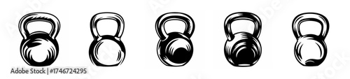 Group of five kettlebells displayed in a row fitness equipment for strength training and workouts