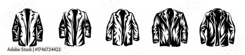 Multiple black and white images of lab coats showing variations and details for medical and scientific use