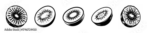 Five stylized black and white kiwi slices arranged in a row showcasing distinct seed patterns