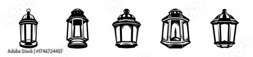 Row of vintage lanterns and lamps decorative elements for ambiance and illumination design