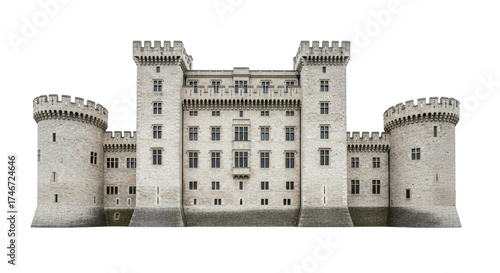 Isolated old medieval castle made of stone with towers and battlements, defense architecture