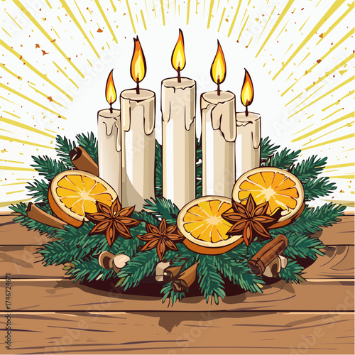 Adventskranz mit brennenden Kerzen auf Holztisch