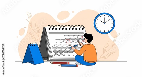 Person Planning Schedule on Large Calendar with Clock - Time Management Concept