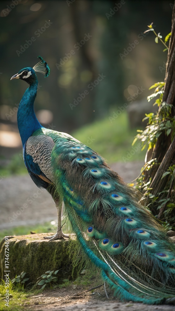 Fototapeta premium Majestic peacock displays vibrant plumage in lush green outdoor setting illustration