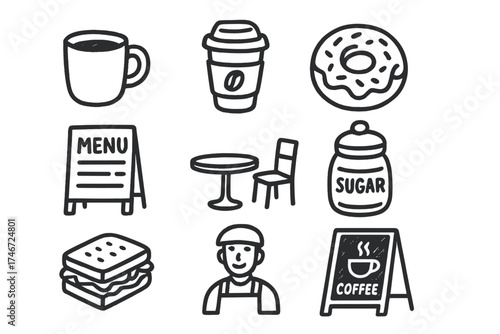 Coffee Shop Icon Set. Coffee shop doodle icon set: hand drawn icons of coffee mug, takeaway cup, donut, menu board, café table,