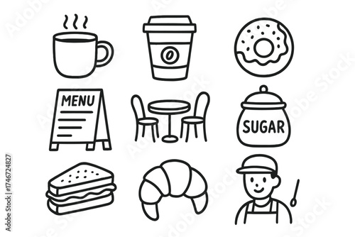 Coffee Shop Icon Set. Coffee shop doodle icon set: hand drawn icons of coffee mug, takeaway cup, donut, menu board, café table,