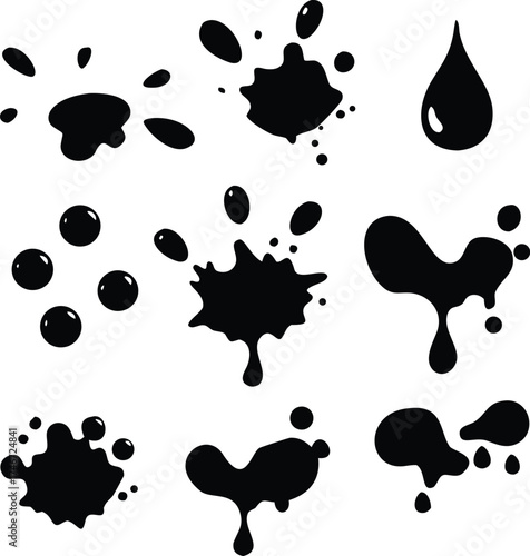 Dynamic collection of black liquid drops and splatter effects for creative design projects