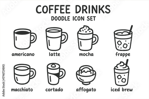 Coffee Icon Set. Coffee drinks doodle icon set: hand drawn icons of americano, latte, mocha, flat white, macchiato, cortado,