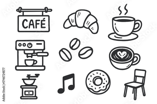 Coffee Culture Icons. Coffee culture doodle icon set: hand drawn icons of café sign, croissant, cup, espresso machine, beans,