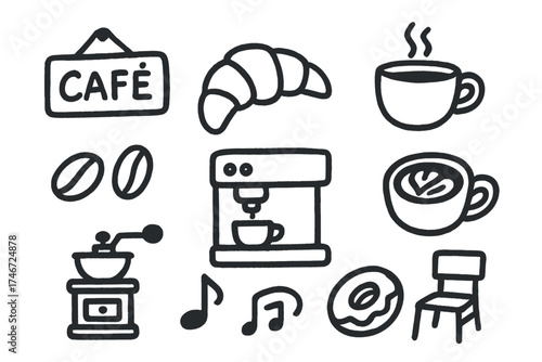 Coffee Culture Icons. Coffee culture doodle icon set: hand drawn icons of café sign, croissant, cup, espresso machine, beans,