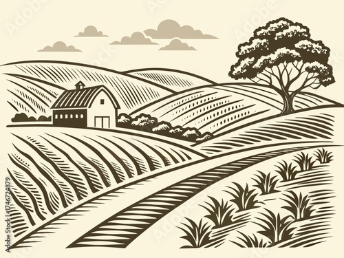 Farm Landscape Vintage Woodcut Engraving Linocut Style Vector Illustration
