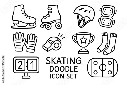 Skating Gear Doodle Set. Skating doodle icon set: hand drawn icons of ice skates, roller skates, helmet, knee pads, gloves,
