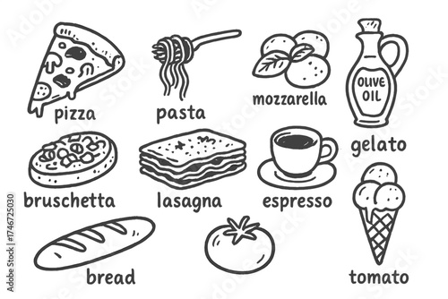 Italian Food Doodles. Italian food doodle icon set: hand drawn icons of pizza, pasta, mozzarella, olive oil, bruschetta, lasagna,