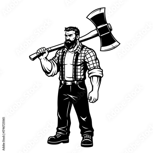Strong Lumberjack with Axe Black and White Illustration.