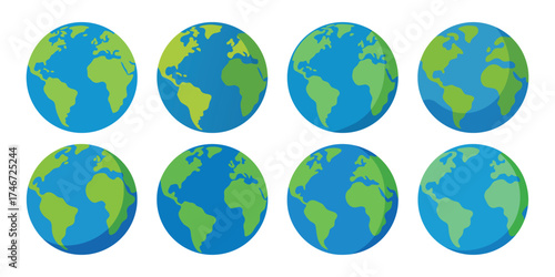 Eight oval earth globes showing different continents and oceans in a row
