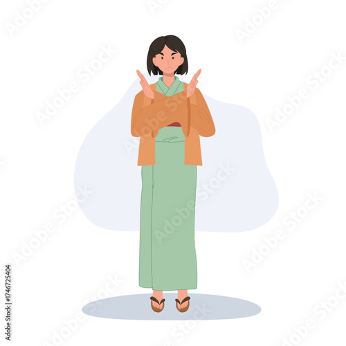 asian woman in yukata cultural dress showing hand cross gesture rejection sign.