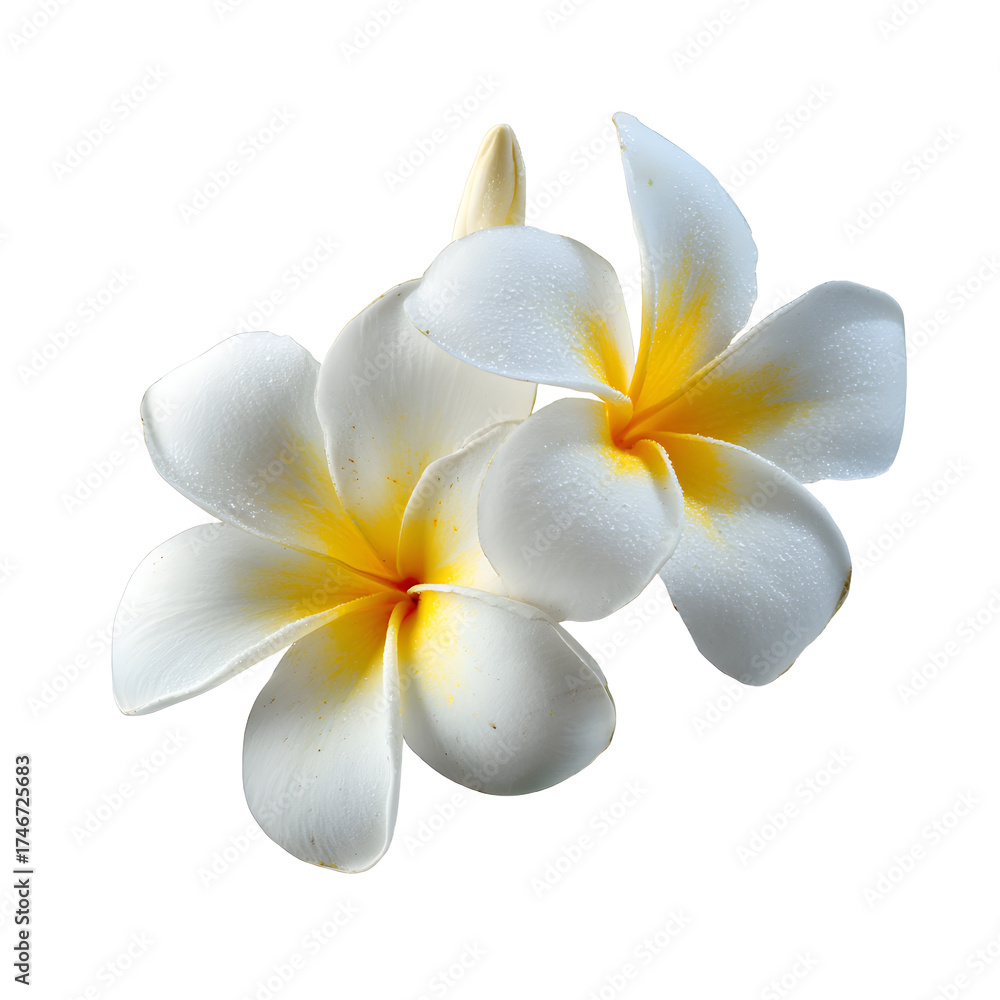 Obraz premium Elegant Two White Plumeria Flowers with Yellow Centers Close-up Image