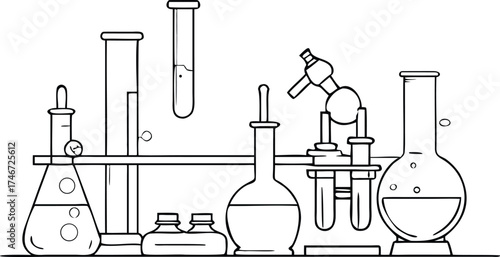 Minimalist line drawing science lab equipment beakers test tubes microscope chemistry research tools