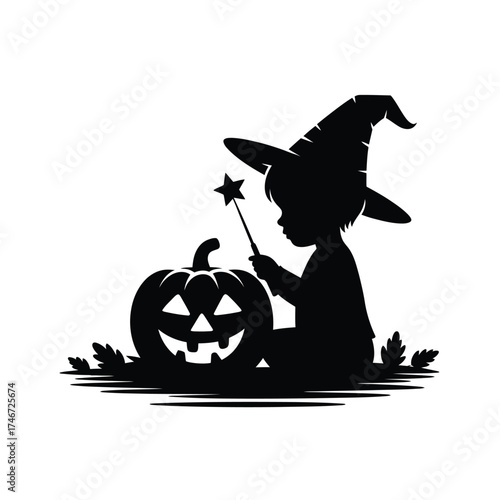 Silhouette of a witch child with a magic wand and a carved pumpkin