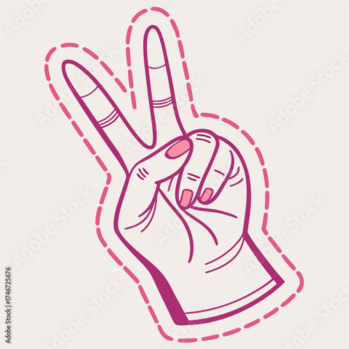 Vector art of hand showing the peace sign with pink outline on a neutral background