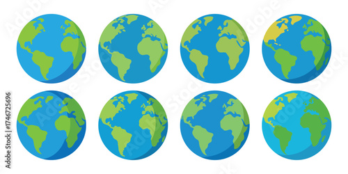 Eight oval shaped earth globes showing different continents and oceans in a grid pattern