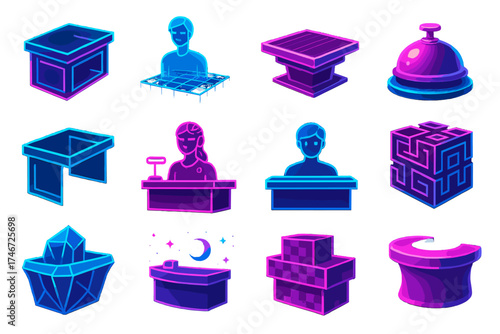 Futuristic Desk Icons. Welcome Desk Creative silhouette set. futuristic neon desk, holographic concierge, floating counter, glowing bell, transparent desk, AI receptionist icon