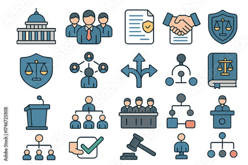 Isometric Governance Icons. Governance Icons isometric set. parliament building, group of officials, policy paper, agreement contract, shield with scales, organizational network