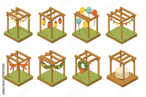Festive Patio Icons. Festive patios isometric set. string light patio, lantern patio, balloon patio, garland patio, ribbon patio, floral patio, holiday wreath patio, party table