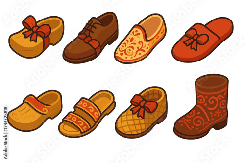 Traditional Shoe Icons. Traditional shoes isometric set. wooden shoe gift, leather shoe gift, embroidered shoe, slipper gift, clog gift, ornate sandal, woven shoe gift, decorated