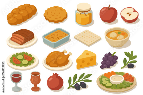 Isometric Holiday Foods. Holiday food isometric set. challah bread, latke, honey jar, apple slice, brisket, kugel dish, matzo cracker, soup bowl, salad plate, roast chicken, cheese
