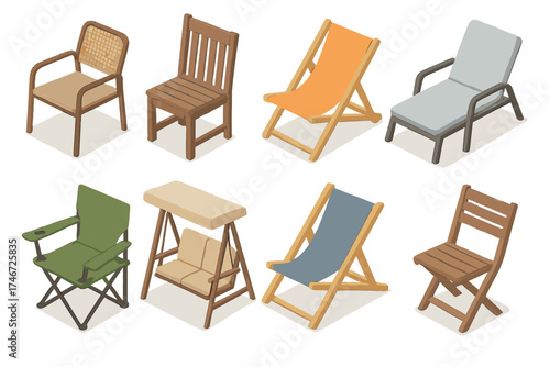 Modern Outdoor Chairs Icons. Outdoor chairs isometric set. patio chair, garden chair, beach chair, poolside chair, camping chair, swing chair, deck chair, foldable chair.