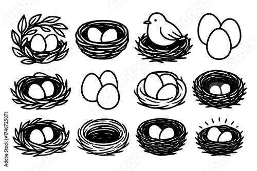 Bird Nest Illustration. Cozy nest outline set. leafy nest, nest with two eggs, twigs wrapped, bird resting on nest, egg cluster, straw circle, detailed line nest, glowing inside.