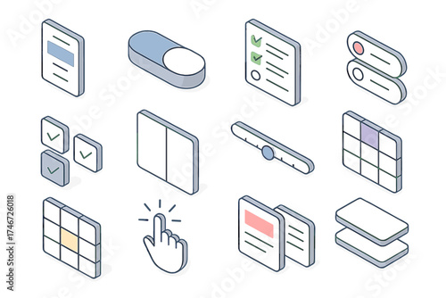 Isometric Decision Icons. Decision Making UI isometric set. dropdown menu, toggle choice, multi-select list, radio buttons, checkboxes, split screen option, sliding scale, matrix