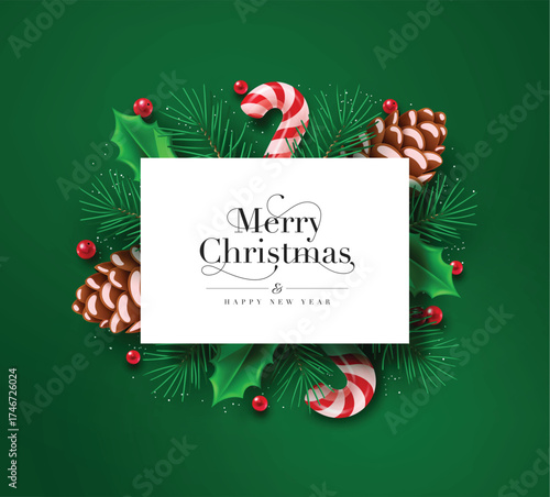 Modern Merry Christmas background with candy canes, pinecones, and holly leaves on green backdrop. Elegant festive card design perfect for holiday greetings, posters, and winter celebrations.