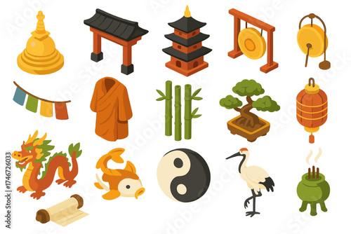 Eastern Icon Set. Eastern icons isometric set. stupa, temple gate, pagoda, gong, prayer flag, monk robe, bamboo, bonsai tree, dragon, koi fish, yin yang, lantern, scroll, crane