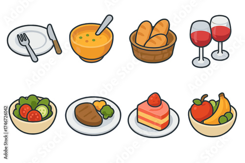 Isometric Meal Icons. Meal icons isometric set. plate with fork and knife, soup bowl, bread basket, wine glasses, salad bowl, main course plate, dessert plate, fruit bowl.