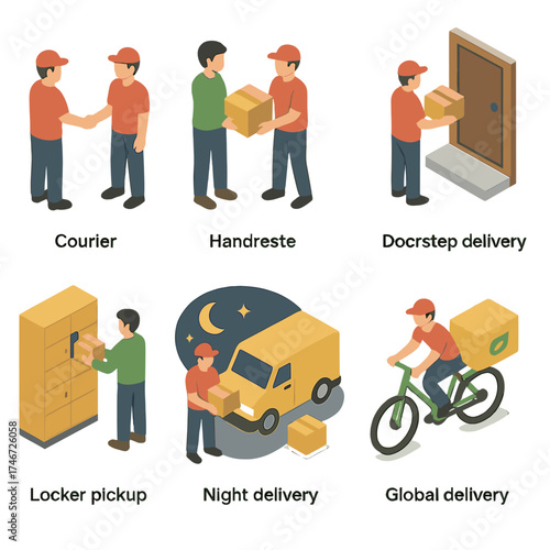 Service Delivery Icons. Service icons isometric set. courier handshake, customer receiving box, doorstep delivery, office delivery, locker pickup, night delivery, eco delivery bike