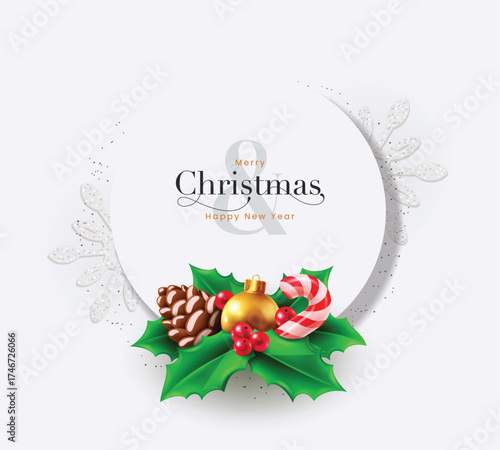 Minimalist Merry Christmas background with holly leaves, candy cane, pinecone, and gold ornament on white. Elegant festive card design perfect for winter greetings, invitations, and seasonal decor.