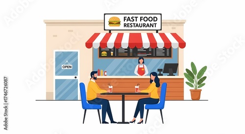 Fast Food Restaurant Interior with Customer and Staff Flat Vector Illustration