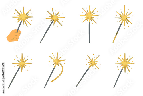 Vibrant Sparkler Icons. Glowing sparkler flat icon set. hand sparkler, radiant stick, burst of sparks, light trail, glowing flare, festive sparkler, shining wand, bright star