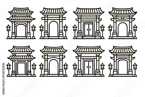 Sacred Gate Design. Sacred gate outline set. tiered roof gate, symbolic arch, decorated pillars, shrine doorway, lantern posts, engraved frame, curved roof, ceremonial entry.