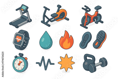 Cardio and Weights Icons. Cardio and weights isometric set. treadmill, rowing machine, stationary bike, heart rate monitor, droplet, flame, shoe print, stopwatch, wave line