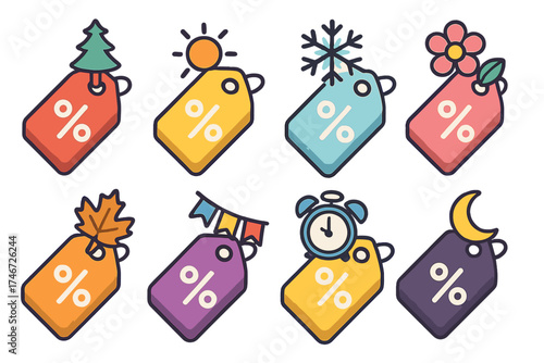 Seasonal Sale Icons. Seasonal sales isometric set. holiday sale tag, summer discount, winter clearance, spring promo, autumn sale, festival sale, weekend deal, midnight sale.