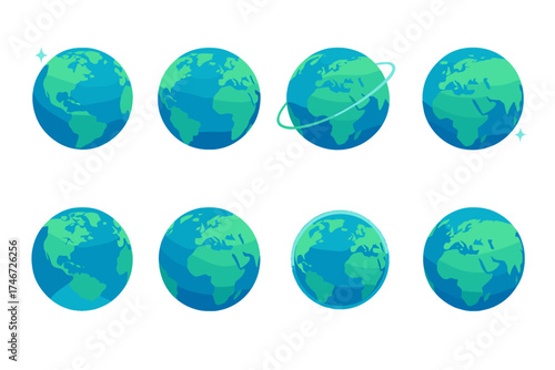 Vibrant Earth Icons. Global sphere flat icon set. stylized earth, blue orb, planet with light, star circle, rotating sphere, earth horizon, cosmic glow, detailed continents.