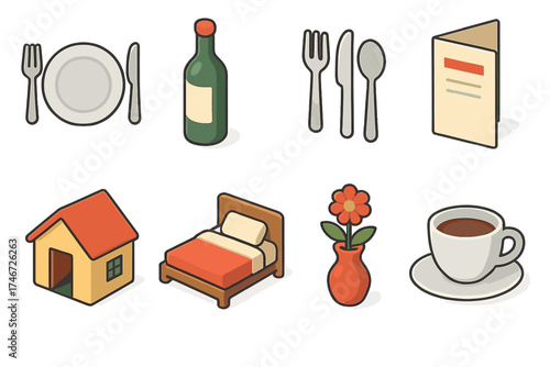Hospitality Icon Set. Hospitality Host isometric set. dinner plate, wine bottle, cutlery, menu card, house with open door, guest bed, flower vase, coffee cup.