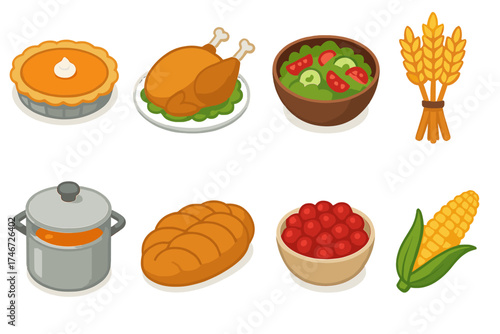 Festive Feast Icons. Thankful feast isometric set. pumpkin pie, roasted meat, fresh salad, wheat bundle, soup pot, festive bread, berry bowl, golden corn.