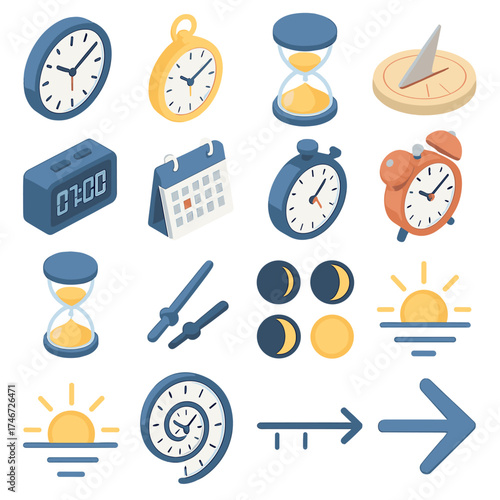 Timepiece Collection. Clocks and time isometric set. wall clock, pocket watch, hourglass, sundial, digital clock, calendar, stopwatch, alarm clock, sand falling, clock hands, moon
